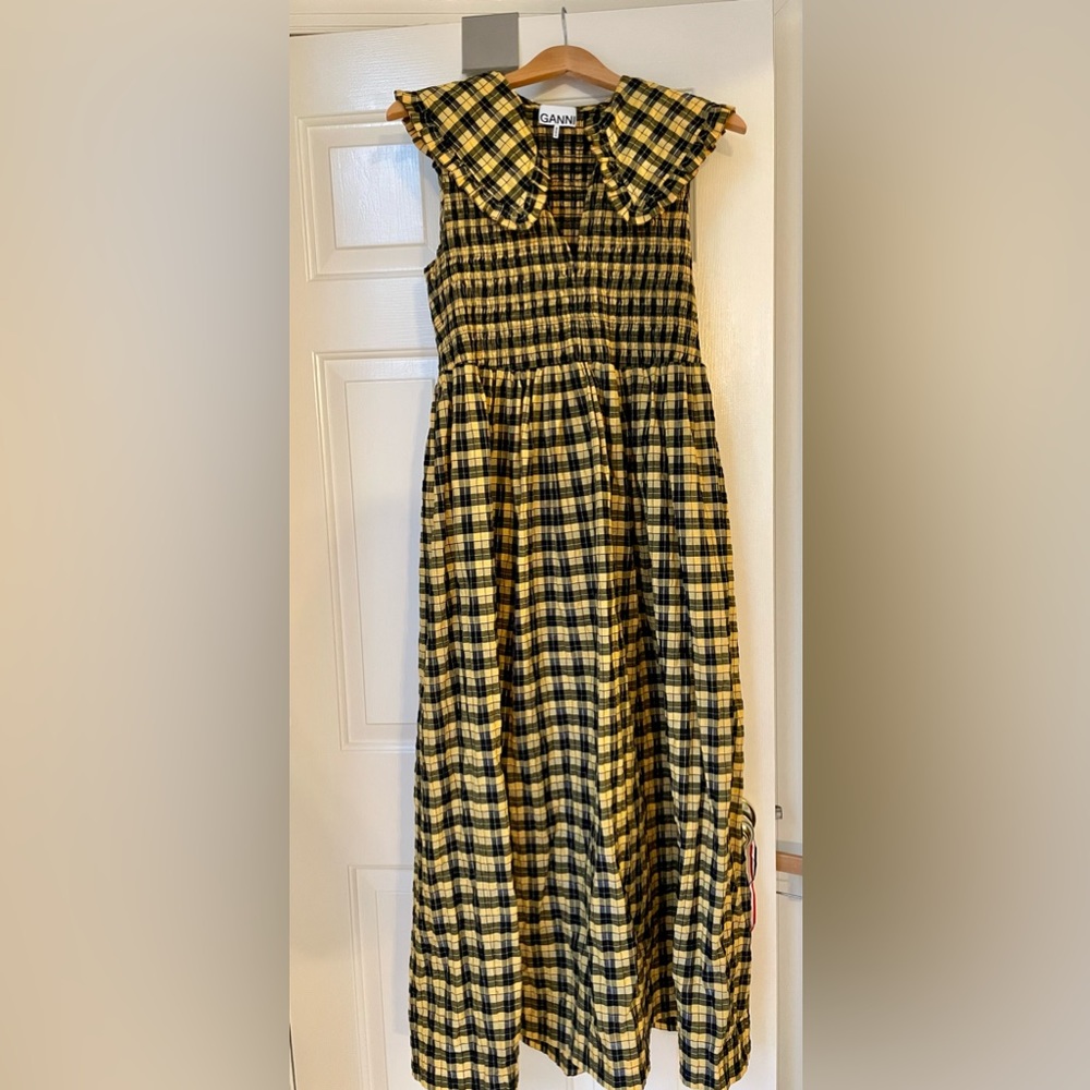 Ganni Yellow and Black Plaid Maxi Dress with Peter Pan Collar